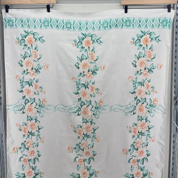 Vintage Handmade‎ Orange Teal White Floral Slick Fabric Dining Table Tablecloth - Picture 2 of 7